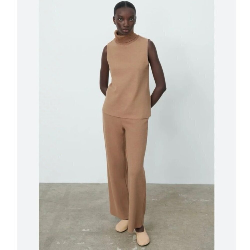 ZARA Tan Knit Sleeveless Turtleneck Lounge Set Two Piece Pants Outfit EUC S